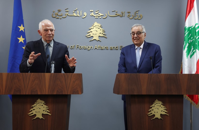  European Union's foreign policy chief Josep Borrell speaks during a joint news conference with Lebanon's caretaker Foreign Minister Abdallah Bou Habib in Beirut, Lebanon January 6, 2024.  (photo credit: REUTERS/MOHAMED AZAKIR)