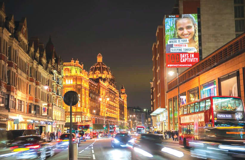  A PHOTO OF 23-year-old hostage Romi Gonen, on one of the billboards in London that carry the question: ‘Where is your daughter sleeping tonight?’ The organizers vow ‘to publish images of our young women on billboards around the world until everyone calls for the release of all the hostages.’ (photo credit: Bring Them Home Now)