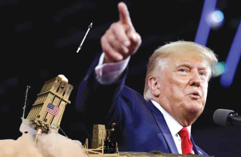  Donald Trump with an American Iron Dome system (illustrative) (photo credit: DEFENSE MINISTRY, MARCO BELLO/REUTERS)