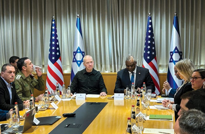  Defense Minister Yoav Gallant meets US Secretary of Defense Lloyd Austin and his delegation in Tel Aviv on December 18, 2023. (photo credit: REUTERS/PHIL STEWART)