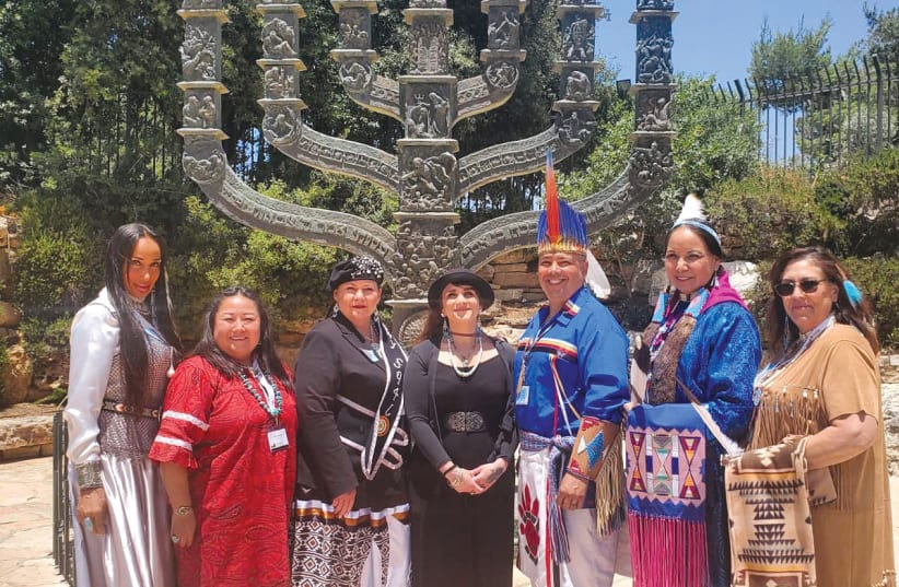  Ateret Shmuel with Native American chiefs outside the Knesset in Jerusalem. (photo credit: Courtesy)