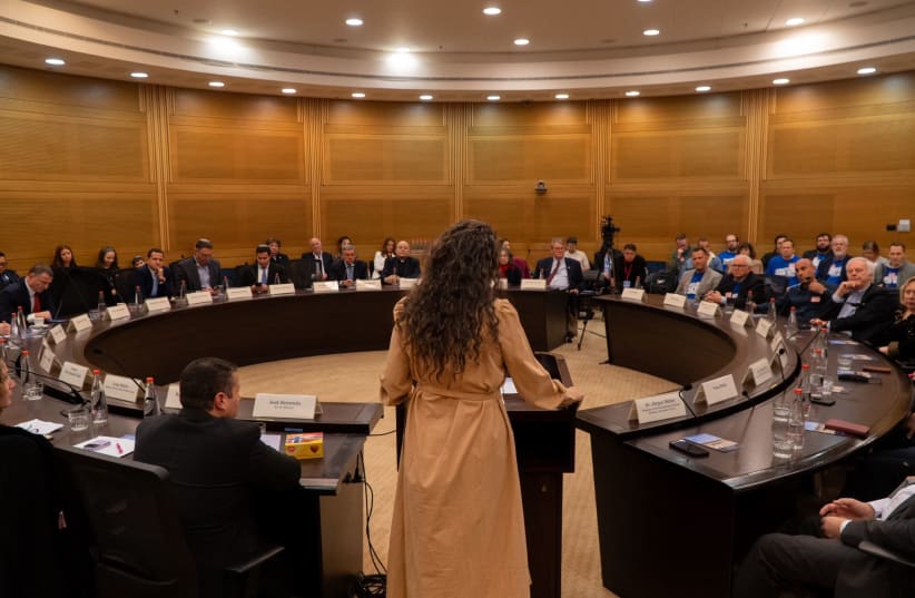 MK Sharren Haskel, co-chair of the Knesset Christian Allies Caucus, speak at the caucus anniversary event on January 23, 2024. (photo credit: KNESSET CHRISTIAN ALLIES CAUCUS)
