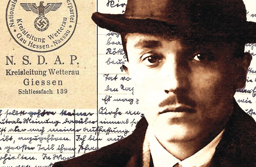  FRIEDRICH KELLNER and a diary page, together with N.S.D.A.P. stamp: His first diary entry about Arabs discussed Hitler’s policy of using radio broadcasts to incite Arab resentment against Jews. (photo credit: courtesy of the writer)