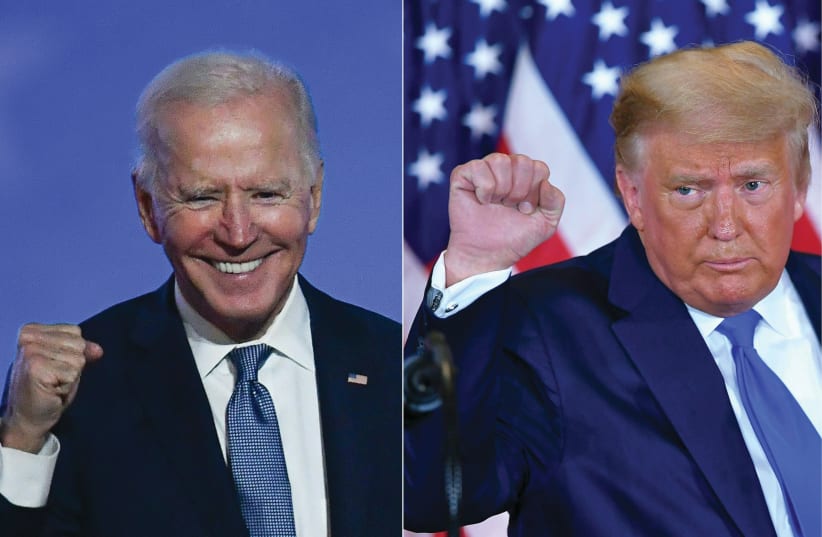  JOE BIDEN and Donald Trump square off in the 2020 presidential election. (photo credit: ANGELA WEISS/AFP VIA GETTY IMAGES, MANDEL NGAN/AFP via GETTY IMAGES)