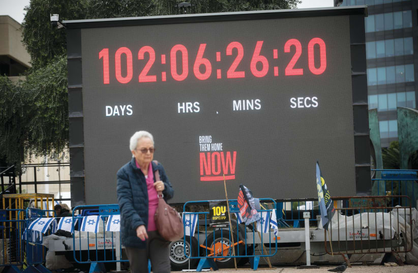  A TICKER counts the days since the captives were taken, in Hostages Square, Jan. 17. (photo credit: MIRIAM ALSTER/FLASH90)