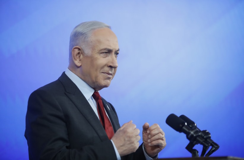  Prime Minister Benjamin Netanyahu speaks on January 27, 2024 (photo credit: TOMER APPELBAUM HAARETZ/POOL)