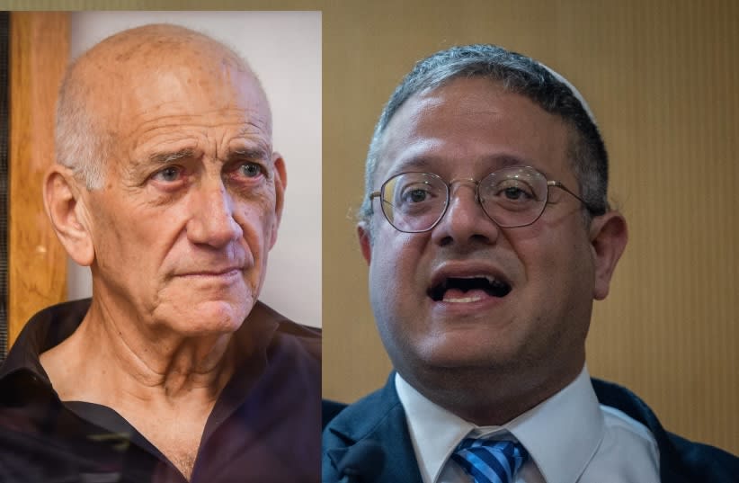  Ehud Olmert, left. Itamar Ben Gvir, right. (photo credit: AVSHALOM SASSONI, YONATAN PELEG)