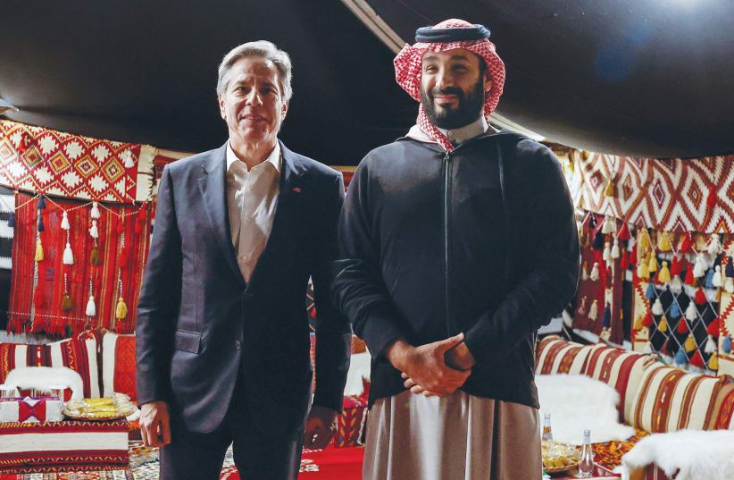  US SECRETARY of State Antony Blinken meets with Saudi Crown Prince Mohammed bin Salman in Al Ula, Saudi Arabia. (photo credit: EVELYN HOCKSTEIN/REUTERS)