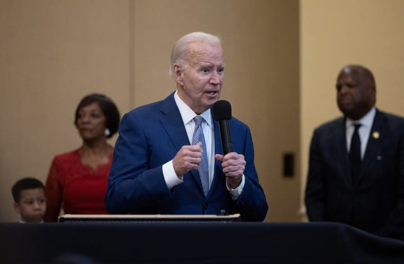  US President Joe Biden speaks during a "Sunday Lunch" church event at the Brookland Baptist Banquet Center in West Columbia, South Carolina, US, January 28, 2024 (photo credit: TOM BRENNER/REUTERS)