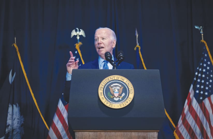  US PRESIDENT Joe Biden delivers remarks at a dinner in South Carolina on Saturday. The writer wonders what Biden could have meant when he recently made a quiet throwaway remark: ‘There are a number of types of two-state solutions.’ (photo credit:  (Tom Brenner/Reuters))