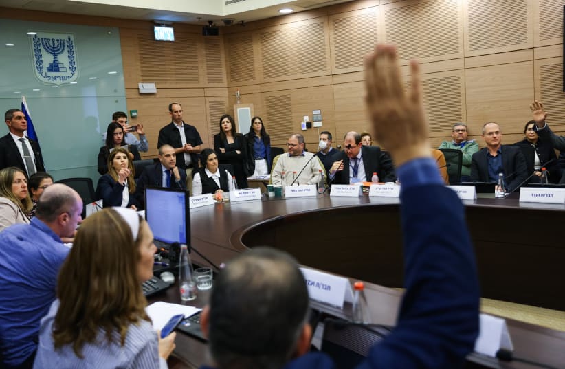  MK's vote on the request to remove MK Ofer Cassif from office, during a House committee meeting  at the Knesset, January 30, 2024 (photo credit: Chaim Goldberg/Flash90, FLASH90/CHAIM GOLDBERG)