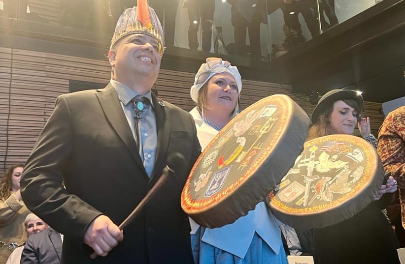  Indigenous people celebrate the opening of their new embassy at the Friends of Zion Museum in Jerusalem. (photo credit: MAAYAN JAFFE-HOFFMAN)