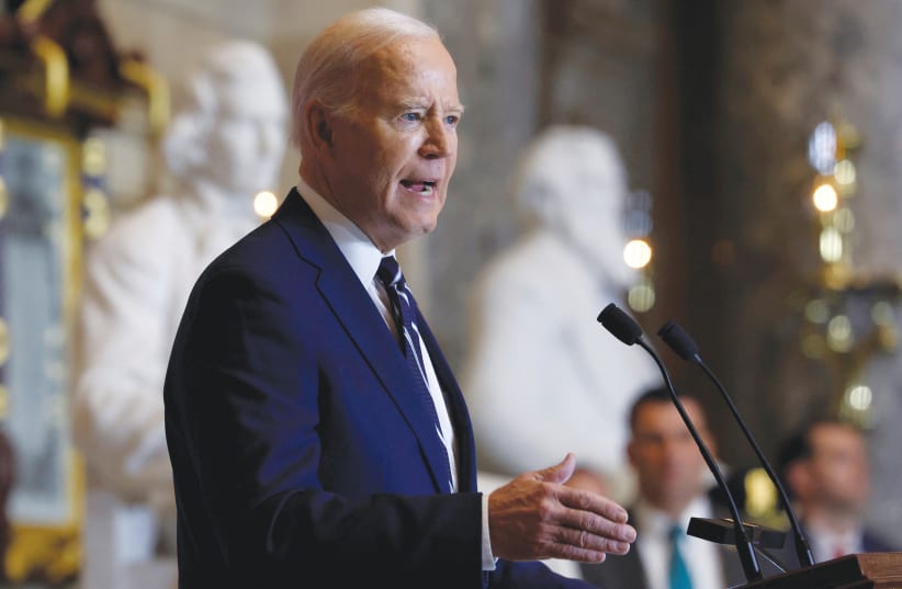  US PRESIDENT Joe Biden speaks at the annual National Prayer Breakfast at the Capitol last week. The harassment of US forces seems to be related to the Iranian regime’s view that Biden’s reelection odds are slim and that soon they’ll have to face Donald Trump, the writer maintains.  (photo credit: EVELYN HOCKSTEIN/REUTERS)