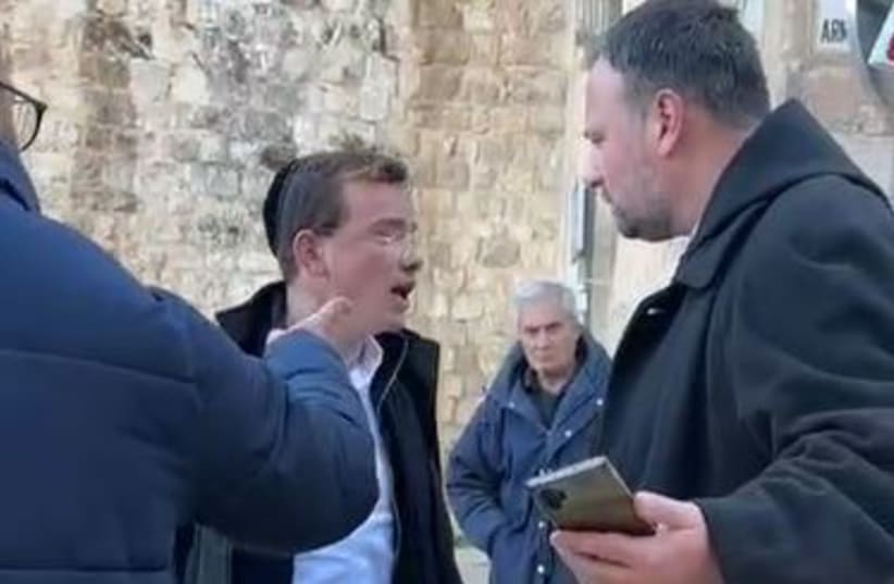 Image taken from video capturing ultra-Orthodox youth assaulting Catholic priest (photo credit: SCREENSHOT/X)