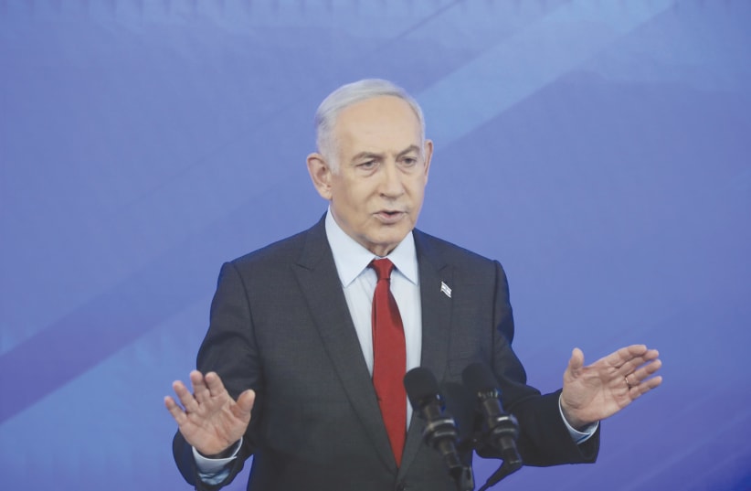  PRIME MINISTER Benjamin Netanyahu speaks at a news conference at the Defense Ministry in Tel Aviv, last month. He was right when he sought to postpone the debate on the postwar political status of Gaza, the writer argues.  (photo credit: TOMER APPELBAUM)