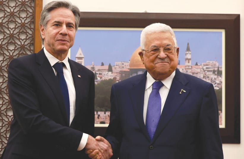  US SECRETARY of State Antony Blinken meets with Palestinian Authority President Mahmoud Abbas in Ramallah, last month. Blinken ordered the State Department to start examining the possibility of US and international recognition of a state of Palestine the day after the Gaza war ends.  (photo credit: REUTERS)