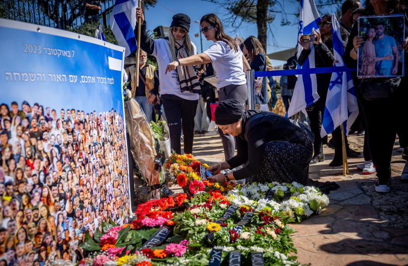  Pictures of Israelis who were murdered by Hamas terrorists at the Nova festival placed outside the Knesset in Jerusalem on February 7, 2024 (photo credit: YONATAN SINDEL/FLASH90)