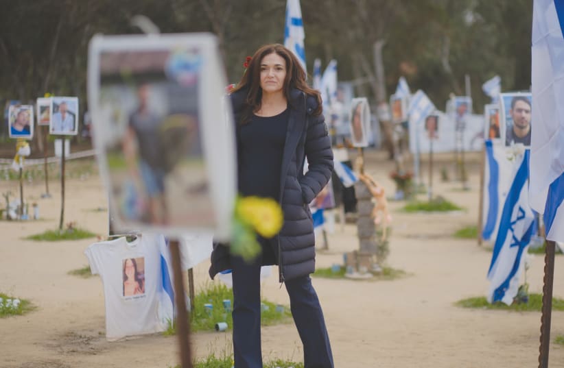  SHERYL SANDBERG at the memorial site of the October 7 Hamas massacre of young Israelis attending the Supernova party at Re'im (photo credit: RAN MENDELSON)