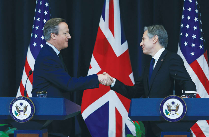  US SECRETARY of State Antony Blinken and British Foreign Secretary David Cameron shake hands at the end of a joint news conference in Washington, in December. Cameron and Blinken have talked recently about recognition of a Palestinian state, the writers note. (photo credit: EVELYN HOCKSTEIN/REUTERS)