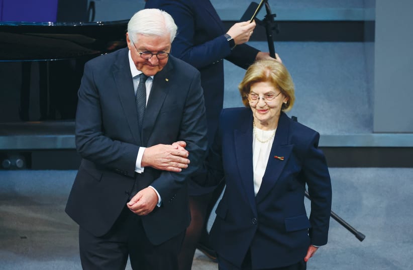  HOLOCAUST SURVIVOR Eva Szepesi, who survived Auschwitz, is joined by German President Frank-Walter Steinmeier at an International Holocaust Remembrance Day ceremony at the Bundestag, last month. Antisemitism is skyrocketing, but our Education Ministry removes Holocaust studies as mandatory. (photo credit: Fabrizio Bensch/Reuters)