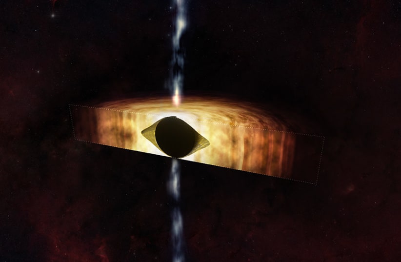  This artist's illustration shows a cross-section of Sagittarius A*, the supermassive black hole at the center of the Milky Way, warping spacetime to look like a football. (photo credit: NASA/CXC/M. Weiss)