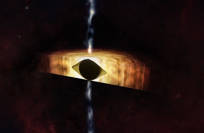  Esta ilustración artística muestra una sección transversal de Sagitario A*, el agujero negro supermasivo situado en el centro de la Vía Láctea, que deforma el espaciotiempo hasta darle el aspecto de un balón de fútbol. (photo credit: NASA/CXC/M. Weiss)