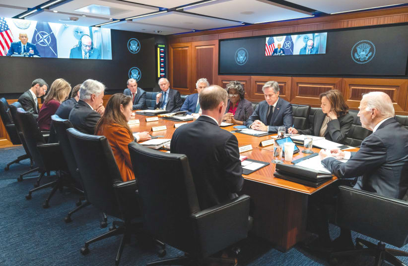  US PRESIDENT Joe Biden, Vice President Kamala Harris, and Secretary of State Antony Blinken are among those present in the White House Situation Room to discuss the situation in Israel, on October 10. Biden and Blinken have made unfair charges against Israel, the writer argues. (photo credit: The White House/Reuters)