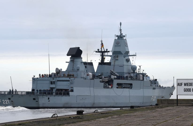   GERMAN frigate ‘Hessen’ is sent off to the Red Sea from Wilhelmshaven, last week, to  participate in an international mission to protect shipping and ensure freedom of navigation in the Red Sea. (photo credit: Carmen Jaspersen/Reuters)