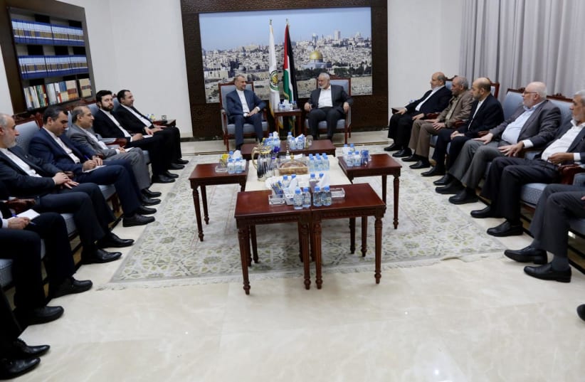  Hamas political bureau head Ismail Haniyeh meets with with Iranian Foreign Minister Hossein Amirabdollahian. February 13, 2024. (photo credit: Hamas Telegram)