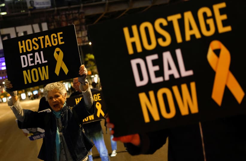  Relatives and supporters of hostages take part in a protest calling for their release, in Tel Aviv (photo credit: REUTERS/SUSANA VERA)