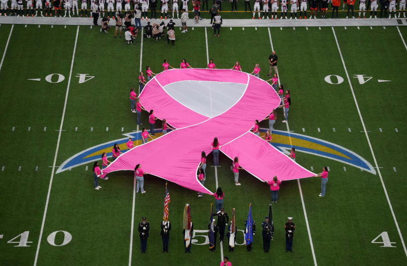  A pink ribbon on the field in recognition of breast cancer awareness month at SoFi Stadium (photo credit: KIRBY LEE-USA TODAY SPORTS)