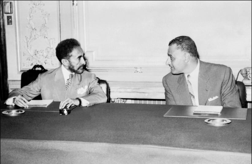  EGYPTIAN PRESIDENT Gamal Abdel Nasser (R) meets with Ethiopian Emperor Haile Selassie in Cairo, 1950s.  (photo credit: Staff/AFP via Getty Images)