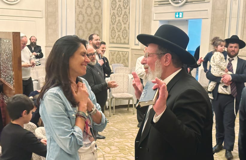  SHELLY SHEM TOV with Netanya Chief Rabbi Kalman Ber.  (photo credit: Courtesy Kesher Yehudi)