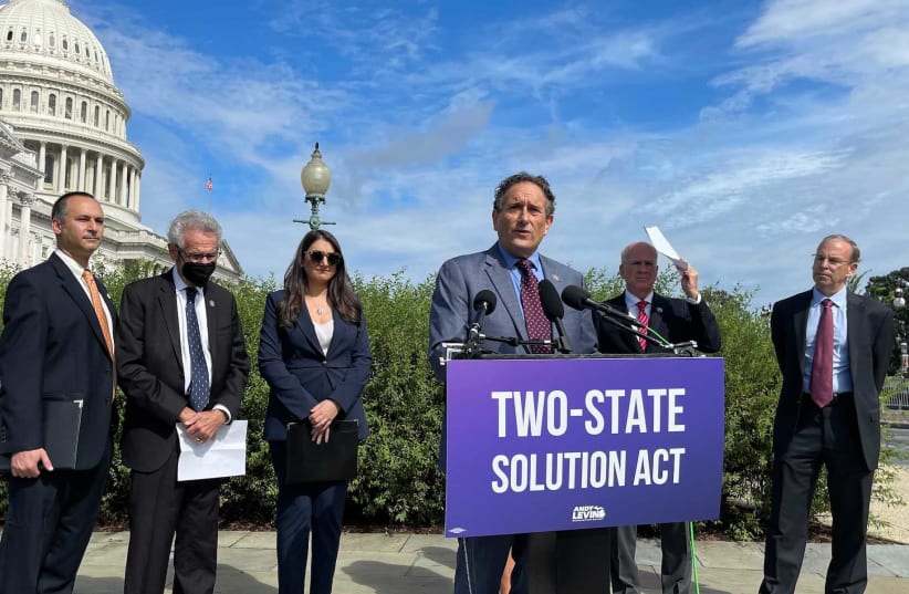  Rep. Andy Levin speaks at a press conference introducing his "Two-State Solution Act" on Capitol Hill, Sept. 23, 2021. He is flanked by Hadar Susskind, the president/CEO of Americans for Peace Now; Rep. Alan Lowenthal; Rep. Sara Jacobs; Rep. Peter Welch; and J Street President Jeremy Ben-Ami. (photo credit: Ron Kampeas/JTA)