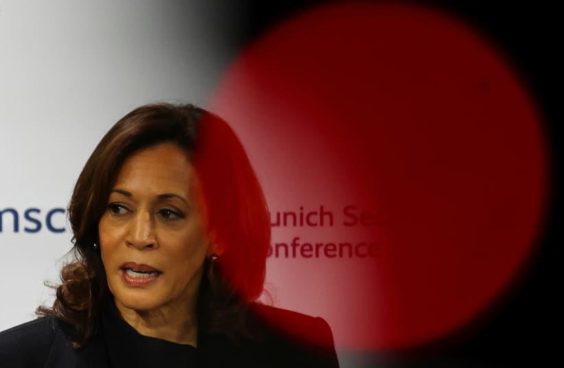  US Vice President Kamala Harris speaks during the Munich Security Conference (MSC) in Munich, Germany February 16, 2024 (photo credit: REUTERS/KAI PFAFFENBACH)