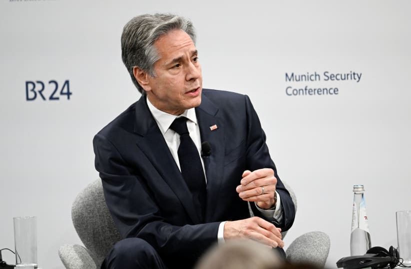  US Secretary of State Antony Blinken takes part in a panel discussion at the Munich Security Conference in Germany on February 17, 2024 (photo credit: THOMAS KIENZLE/Pool via REUTERS)