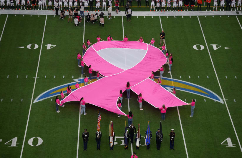  Un lazo rosa en el campo en reconocimiento al mes de concienciación sobre el cáncer de mama en el estadio SoFi. (photo credit: KIRBY LEE-USA TODAY SPORTS)