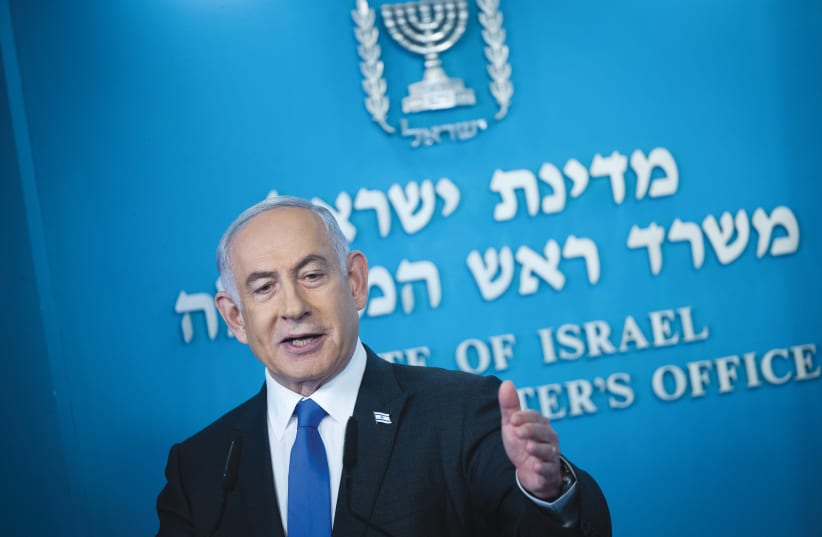  PRIME MINISTER Benjamin Netanyahu holds a news conference at the Prime Minister’s Office in Jerusalem, on Saturday night. (photo credit: YONATAN SINDEL/FLASH90)