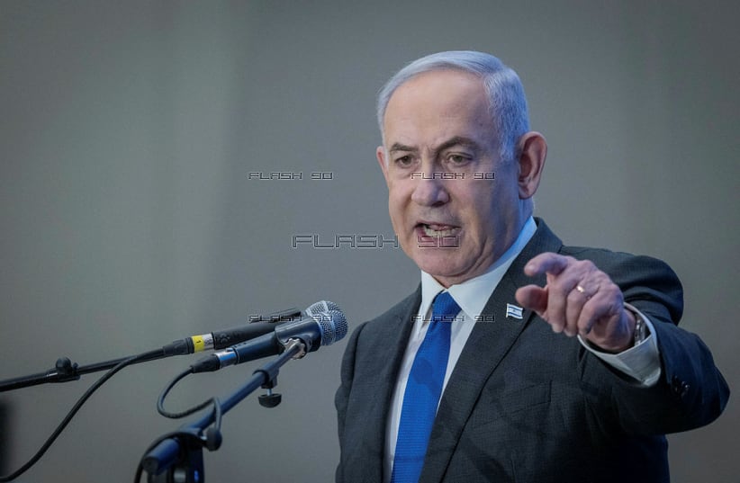  Israeli Prime Minister Benjamin Netanyahu attends a Conference of Presidents of Major American Jewish Organizations in Jerusalem, on February 18, 2024 (photo credit: CHAIM GOLDBEG/FLASH90)