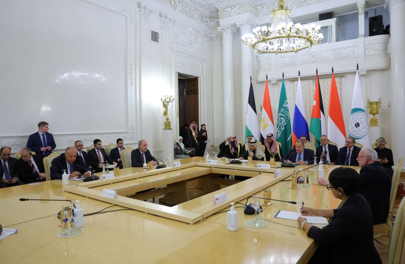  Russian Foreign Minister Sergei Lavrov hosts a meeting about Gaza with foreign ministers from members of the Arab League and the Organisation of Islamic Cooperation, amid the ongoing conflict between Israel and the Palestinian Islamist group Hamas, in Moscow, Russia November 21, 2023. (photo credit: EVGENIA NOVOZHENINA/REUTERS)