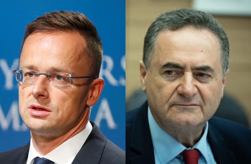  Hungarian Foreign Minister Péter Szijjártó and his Israeli counterpart Israel Katz (photo credit: REUTERS/BERNADETT SZABO, YONATAN SINDEL/FLASH90)