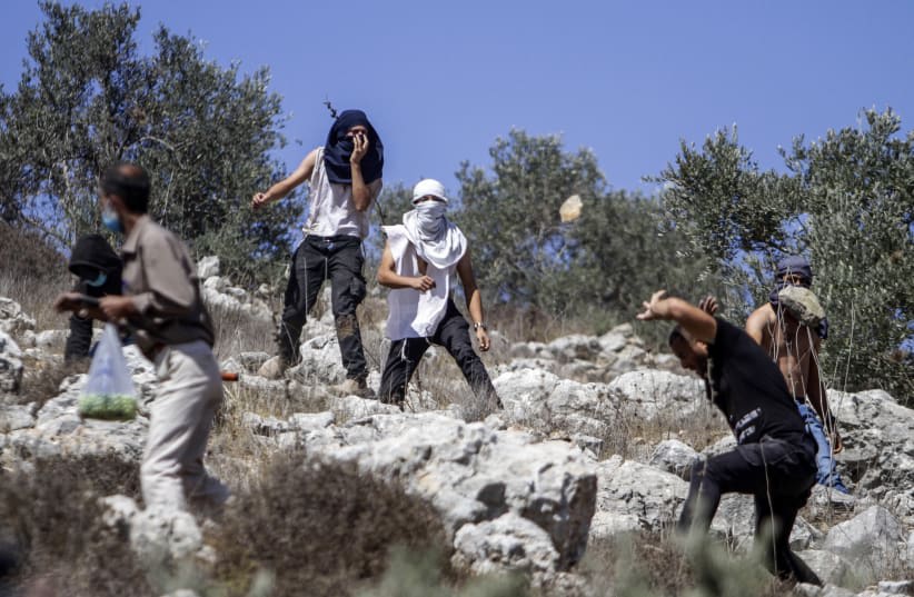  Colonos israelíes lanzan piedras contra palestinos durante la temporada anual de cosecha cerca del asentamiento israelí de Yitzhar, en Cisjordania, el 7 de octubre de 2020. (photo credit: NASSER ISHTAYEH/FLASH90)
