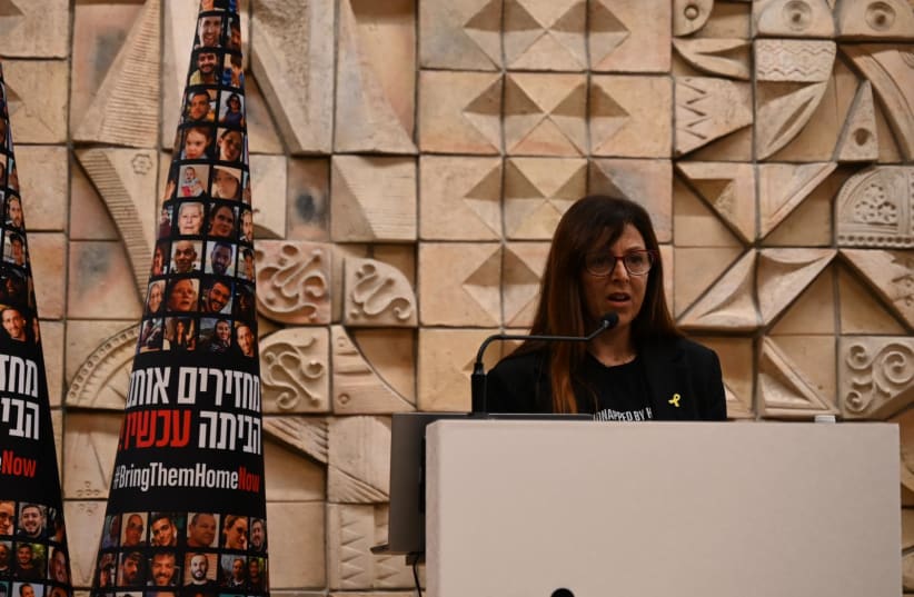 Ayelet Samerano testified that her son was killed and had his body brought into Gaza by a UNRWA employee on October 7th, which was supported by video evidence. (photo credit: LIRI AGAMI)