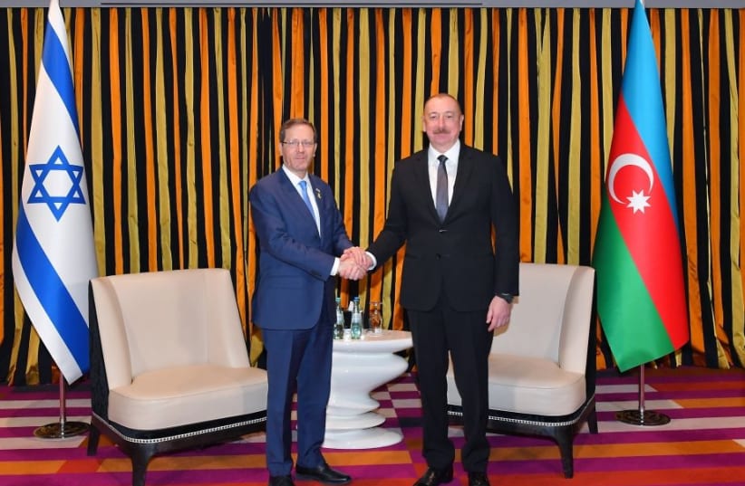  Azerbaijan's president Ilham Aliyev met with Israeli counterpart Isaac Herzog at the Munich Security Conference in February 2024. (photo credit: Office of the President of Azerbaijan)