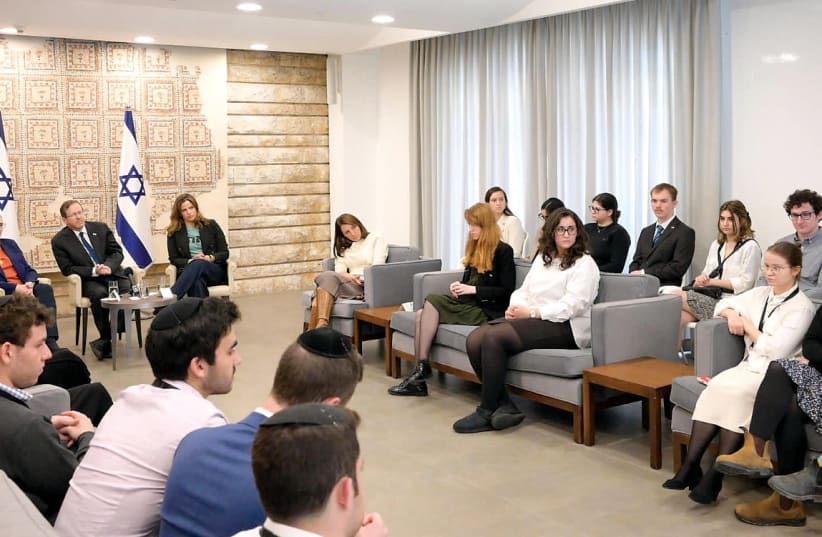  President Isaac Herzog and his wife, Michal, meet the Take Action for Israel Solidarity Mission at the President’s Residence for a discussion on campus antisemitism. (photo credit: TAKE ACTION)