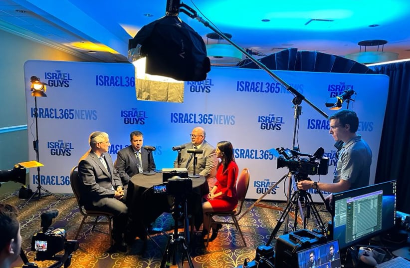  (From left): Author Pesach Wolicki, Israel Allies Foundation President Joshua Reinstein, National Religious Broadcasters President and CEO Troy Miller, and Prime Minister's Office Spokesperson Tal Heinrich in the Israel365 "War Room" at the NRB convention - February 21, 2024. (photo credit: ISRAEL ALLIES FOUNDATION)