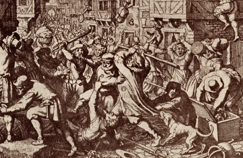 A print depicts an attack on the Jewish quarter in Frankfurt am Main, 1612, led by Vincenz Fettmilch and his followers.  (photo credit: Culture Club/Getty Images)