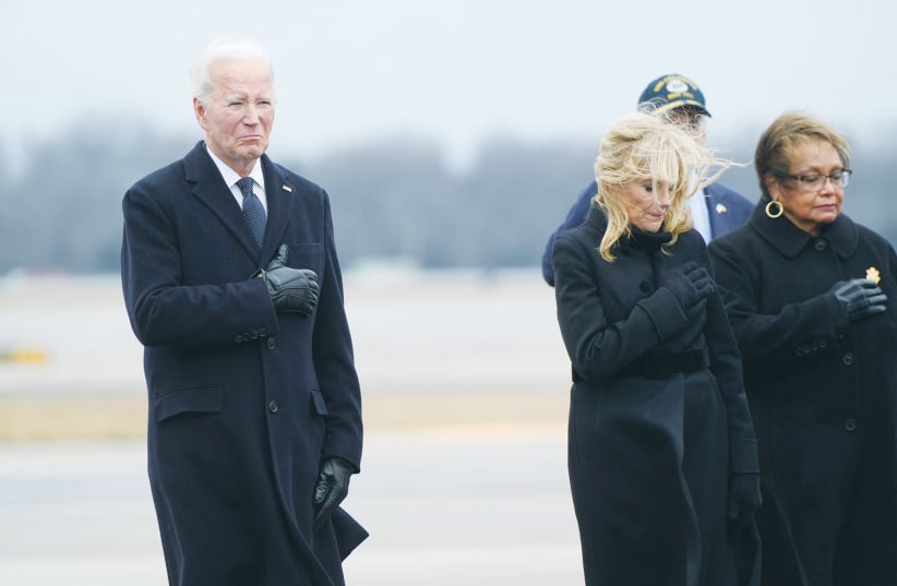  US PRESIDENT Joe Biden and First Lady Dr. Jill Biden attend the dignified transfer, earlier this month at Dover Air Force Base in Delaware, of the remains of three US service members killed in Jordan in a drone attack carried out by Iran-backed terrorists. (photo credit: JOSHUA ROBERTS/REUTERS)