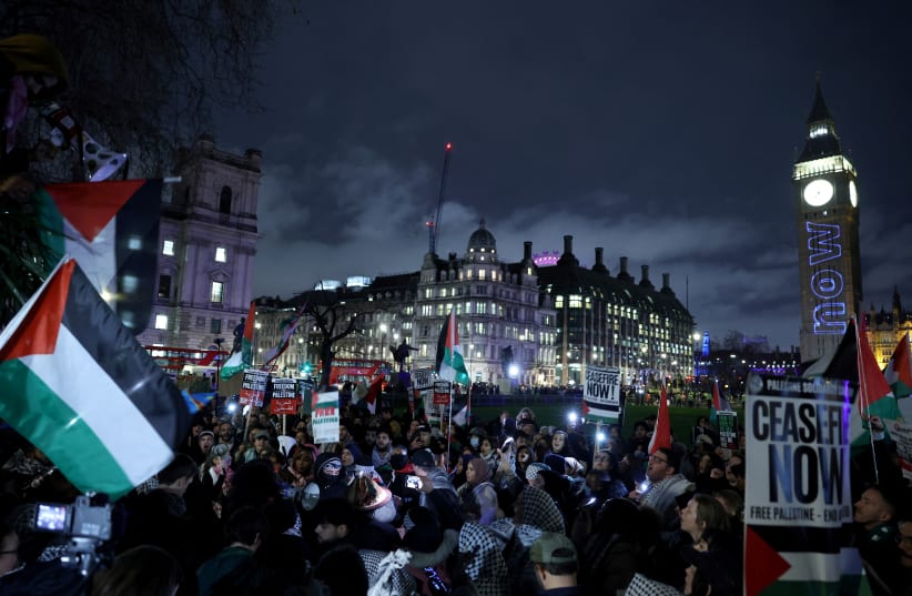 People demonstrate on the day of a vote on the motion calling for an immediate ceasefire in Gaza, amid the ongoing conflict between Israel and the Palestinian terrorist group Hamas, in London, Britain, February 21, 2024. (photo credit: REUTERS/Isabel Infantes)