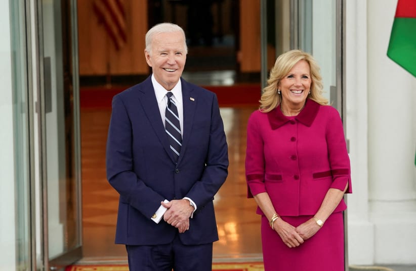 U.S. President Joe Biden and first lady Jill Biden await the arrival of Jordan's King Abdullah, Queen Rania and Crown Prince Hussein, at the White House in Washington, U.S., February 12, 2024. (photo credit: KEVIN LAMARQUE/REUTERS)